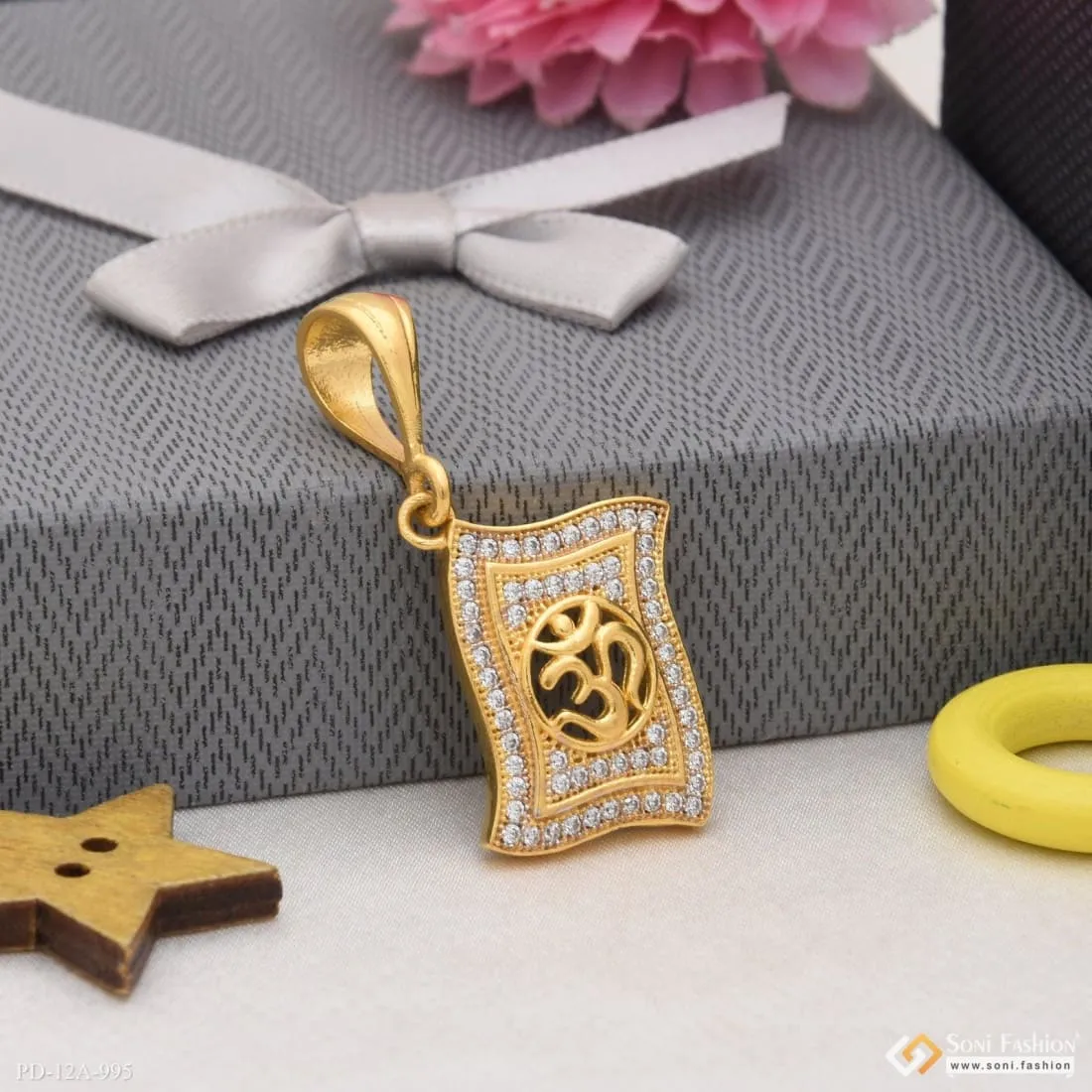 1 Gram Gold Forming Om With Diamond Fashionable Design Pendant For Men - Style A995