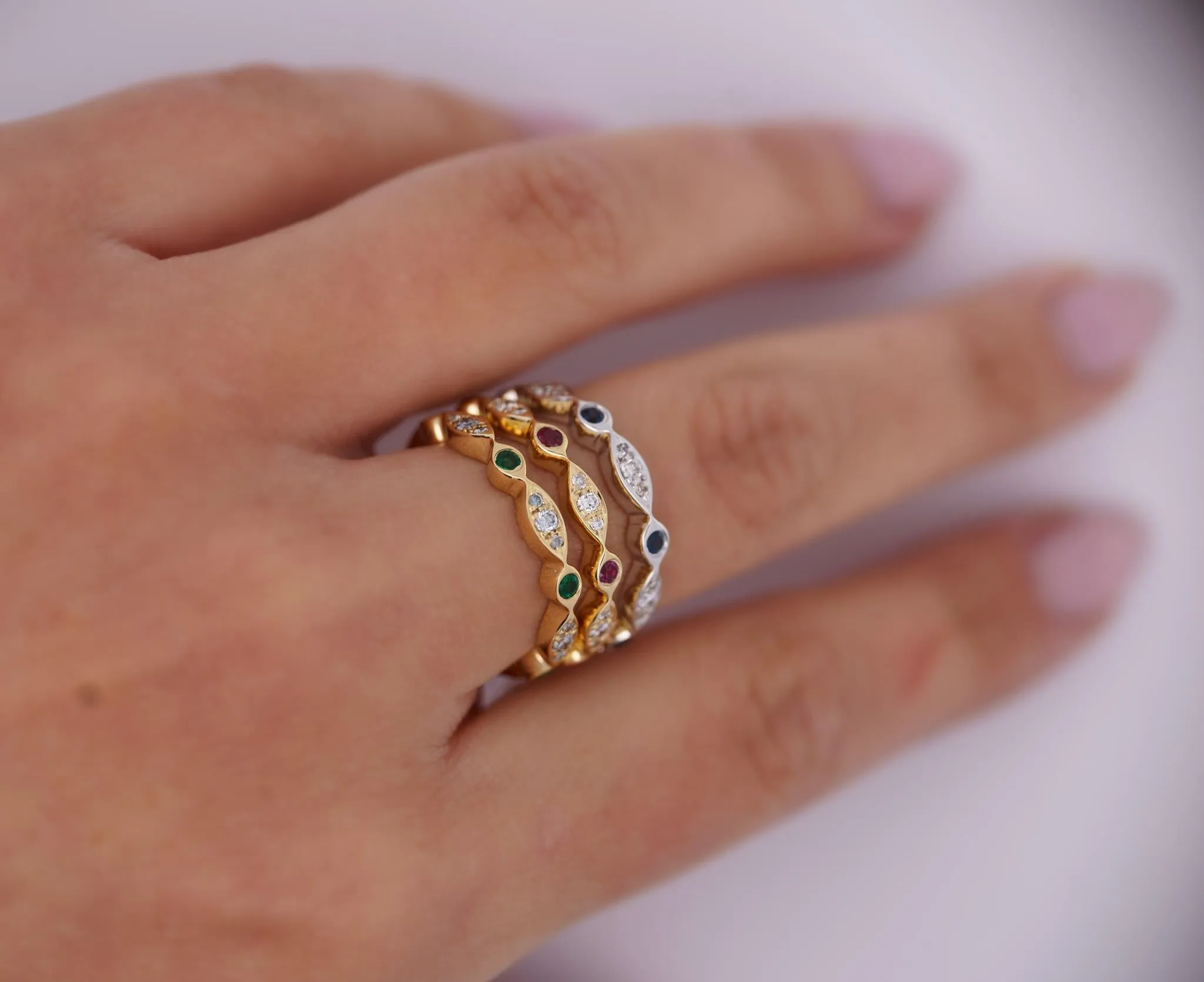 14K Gold Ruby and Diamond Bezel Stack Band 3MM Wavy Ring