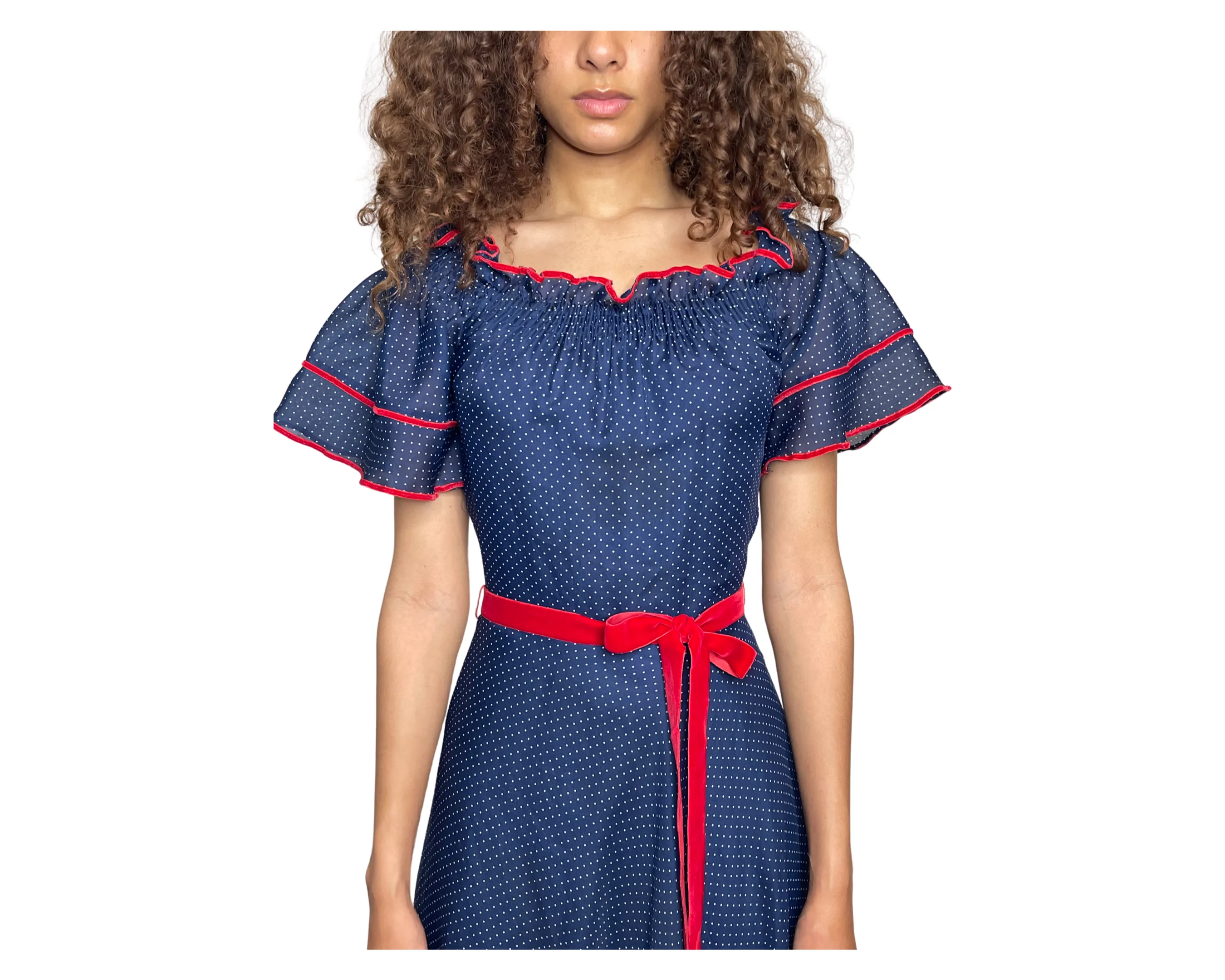 1970's Vintage Navy Polka Dot & Red Velvet Trim Maxi Dress UK 10 - 12