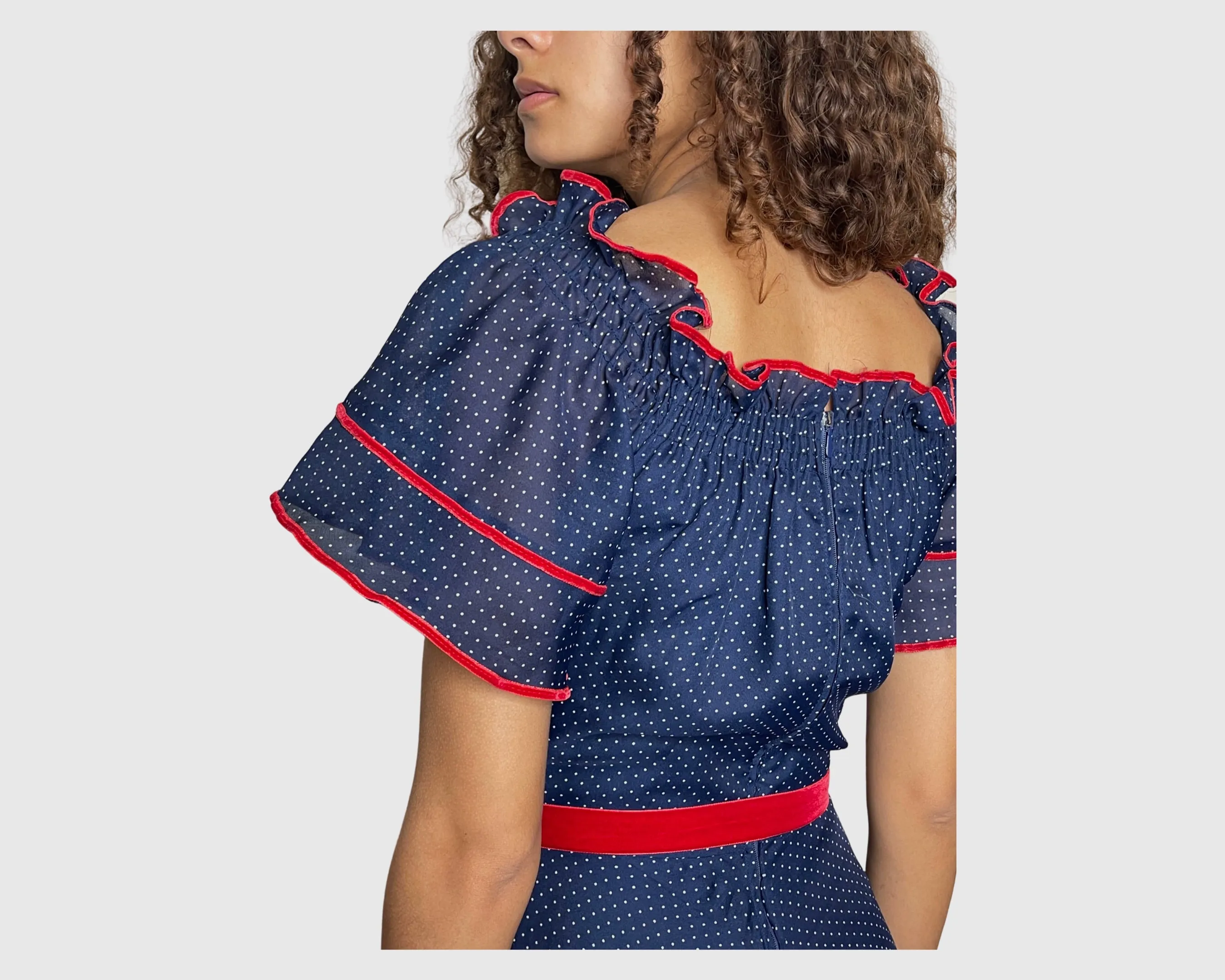 1970's Vintage Navy Polka Dot & Red Velvet Trim Maxi Dress UK 10 - 12