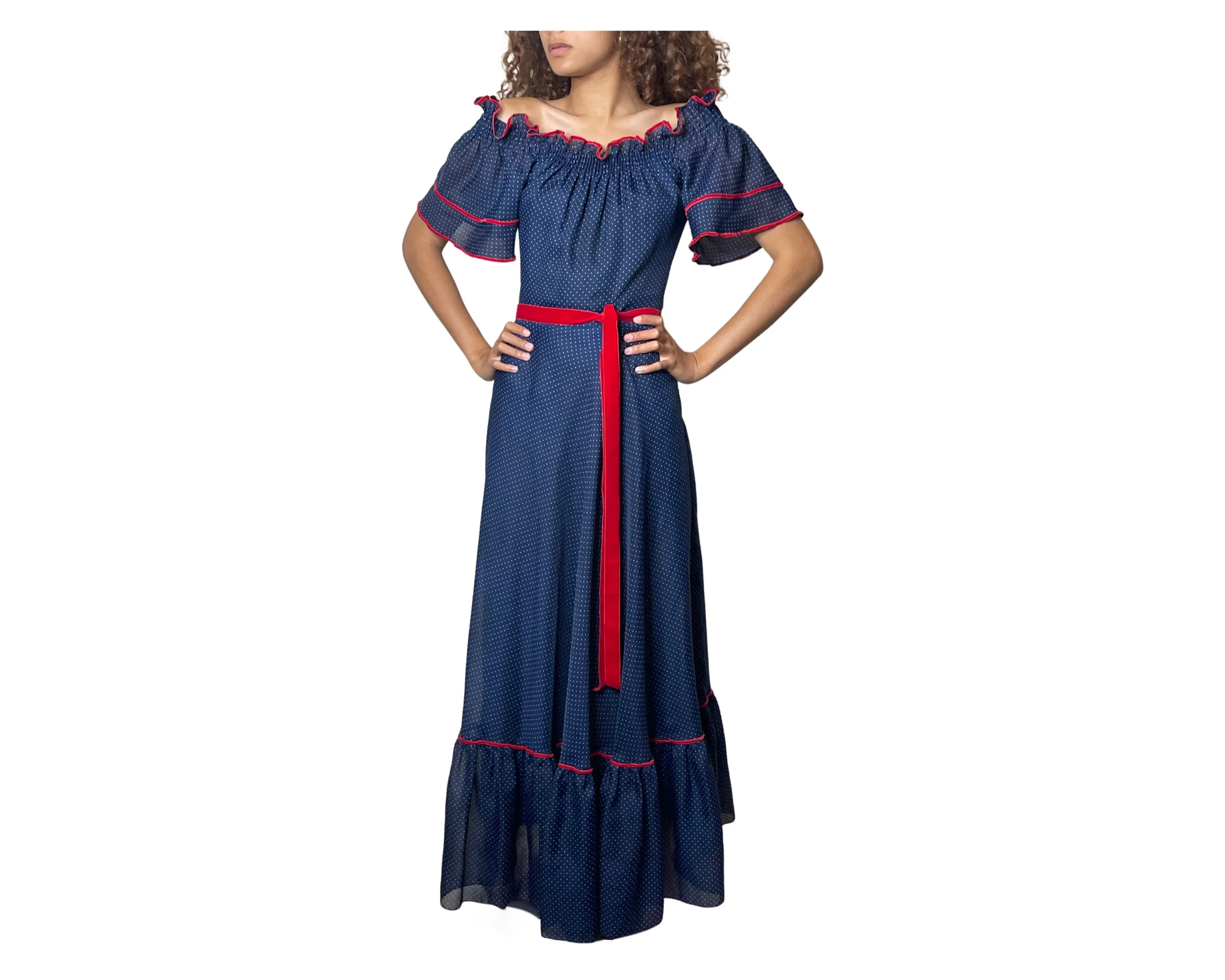 1970's Vintage Navy Polka Dot & Red Velvet Trim Maxi Dress UK 10 - 12