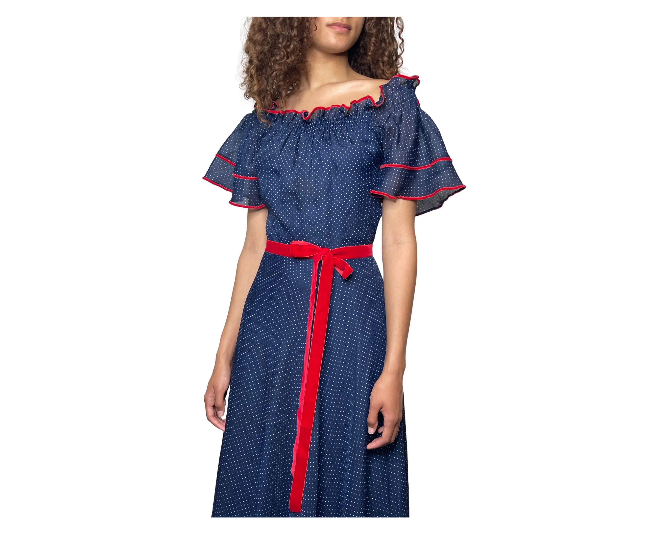 1970's Vintage Navy Polka Dot & Red Velvet Trim Maxi Dress UK 10 - 12