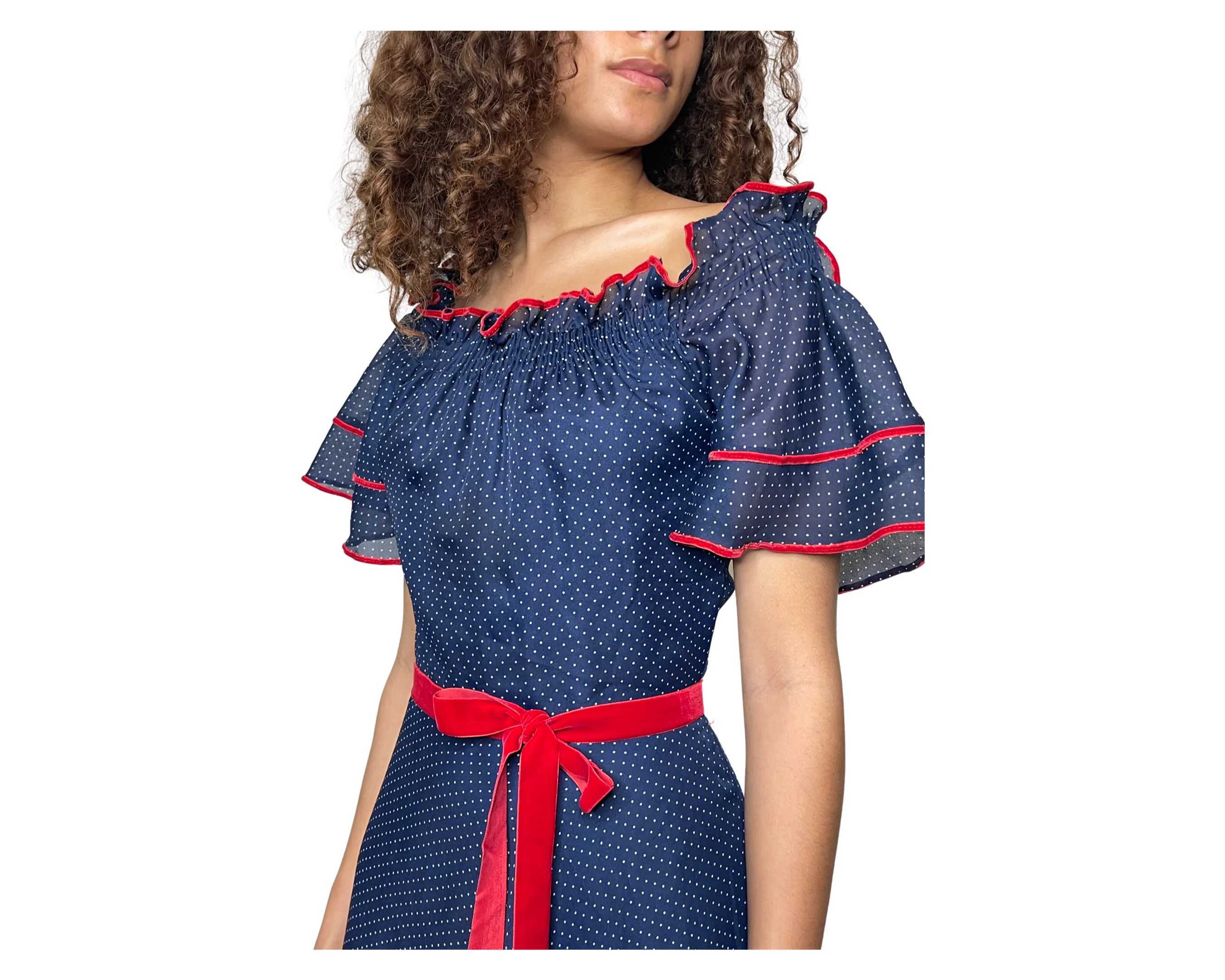 1970's Vintage Navy Polka Dot & Red Velvet Trim Maxi Dress UK 10 - 12