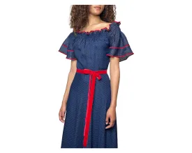 1970's Vintage Navy Polka Dot & Red Velvet Trim Maxi Dress UK 10 - 12
