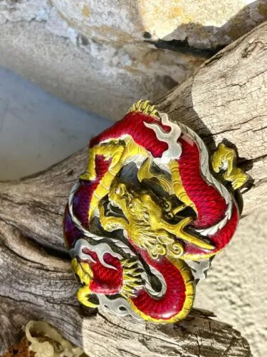 1984 Bergamot Brass Works USA Belt Buckle Red & Gold Dragon 3x2 1/2" L-149