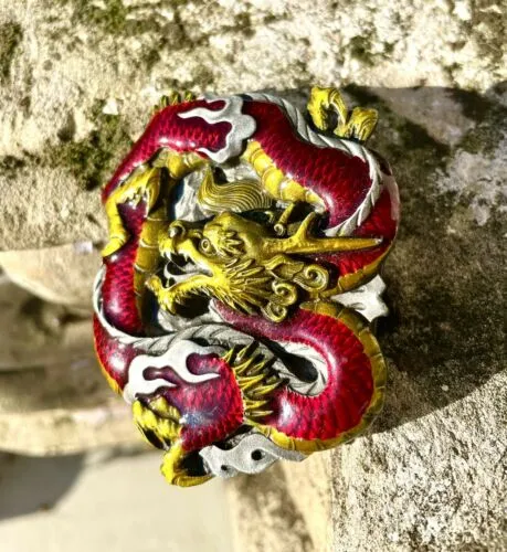 1984 Bergamot Brass Works USA Belt Buckle Red & Gold Dragon 3x2 1/2" L-149