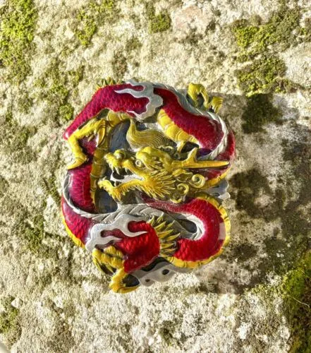 1984 Bergamot Brass Works USA Belt Buckle Red & Gold Dragon 3x2 1/2" L-149