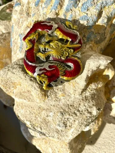 1984 Bergamot Brass Works USA Belt Buckle Red & Gold Dragon 3x2 1/2" L-149