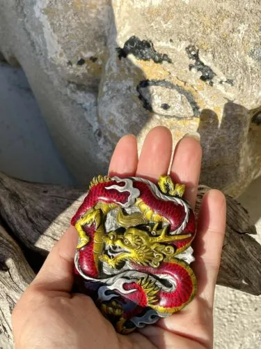 1984 Bergamot Brass Works USA Belt Buckle Red & Gold Dragon 3x2 1/2" L-149