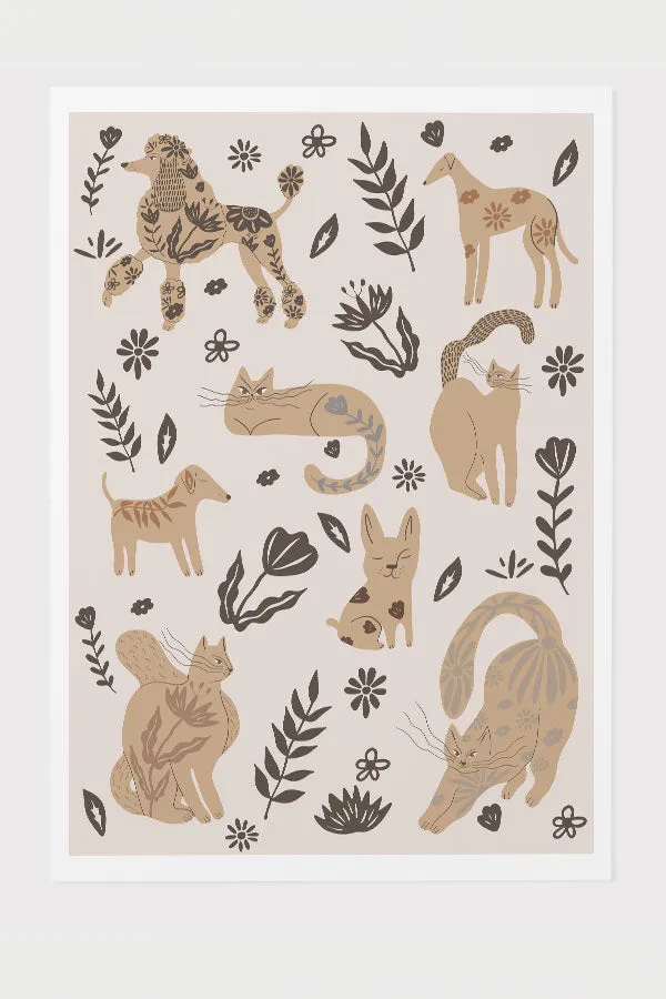 Abstract Floral Pets Giclée Art Print Poster (Off White)