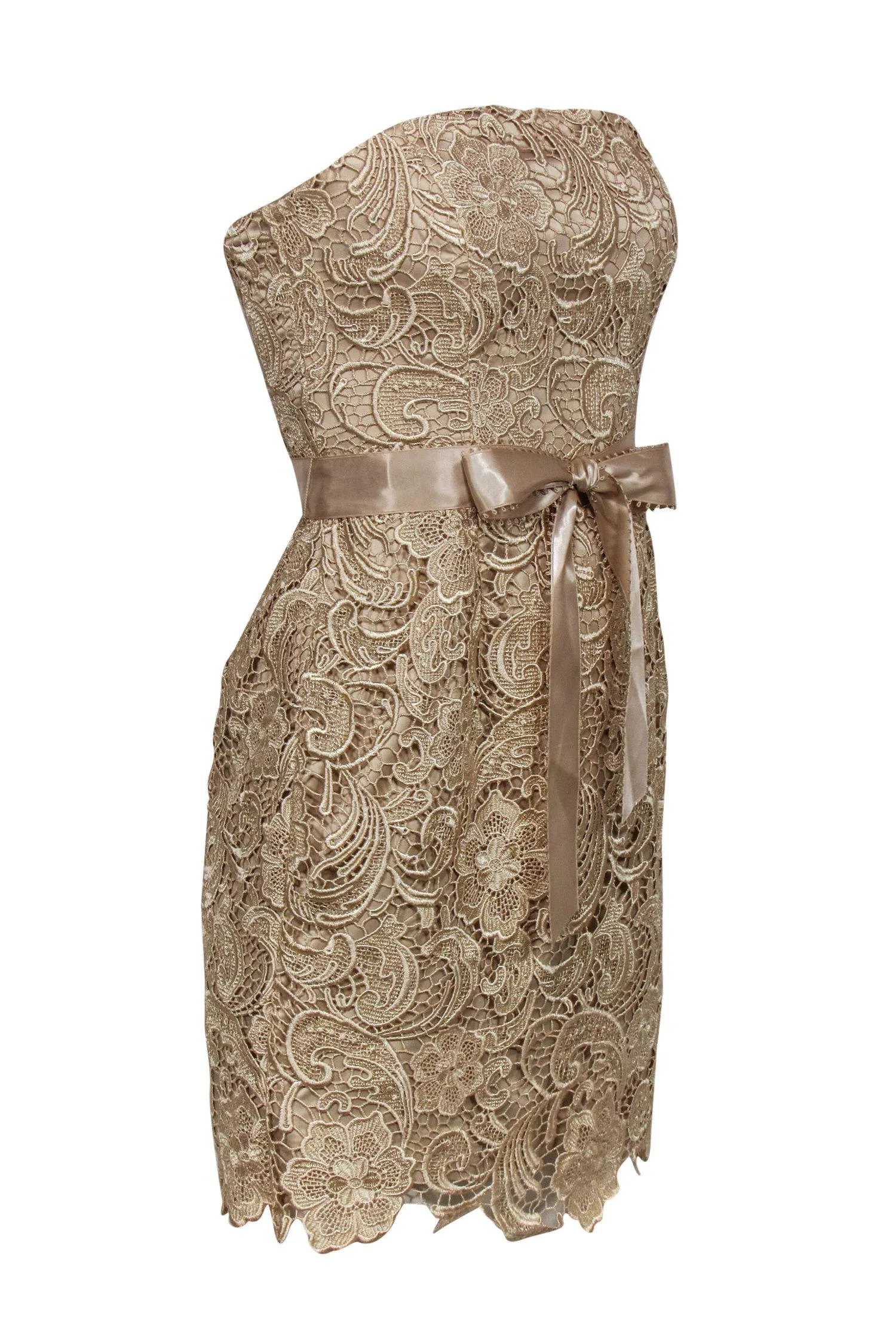 Adrianna Papell - Golden Champagne Strapless Lace Cocktail Dress Sz 4