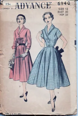 Advance 6140 Ladies Shirtwaist Day Dress Flared Skirt Vintage 1950's Sewing Pattern Unprinted