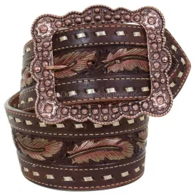 B1001 - Brown Vintage Feather Tooled Belt
