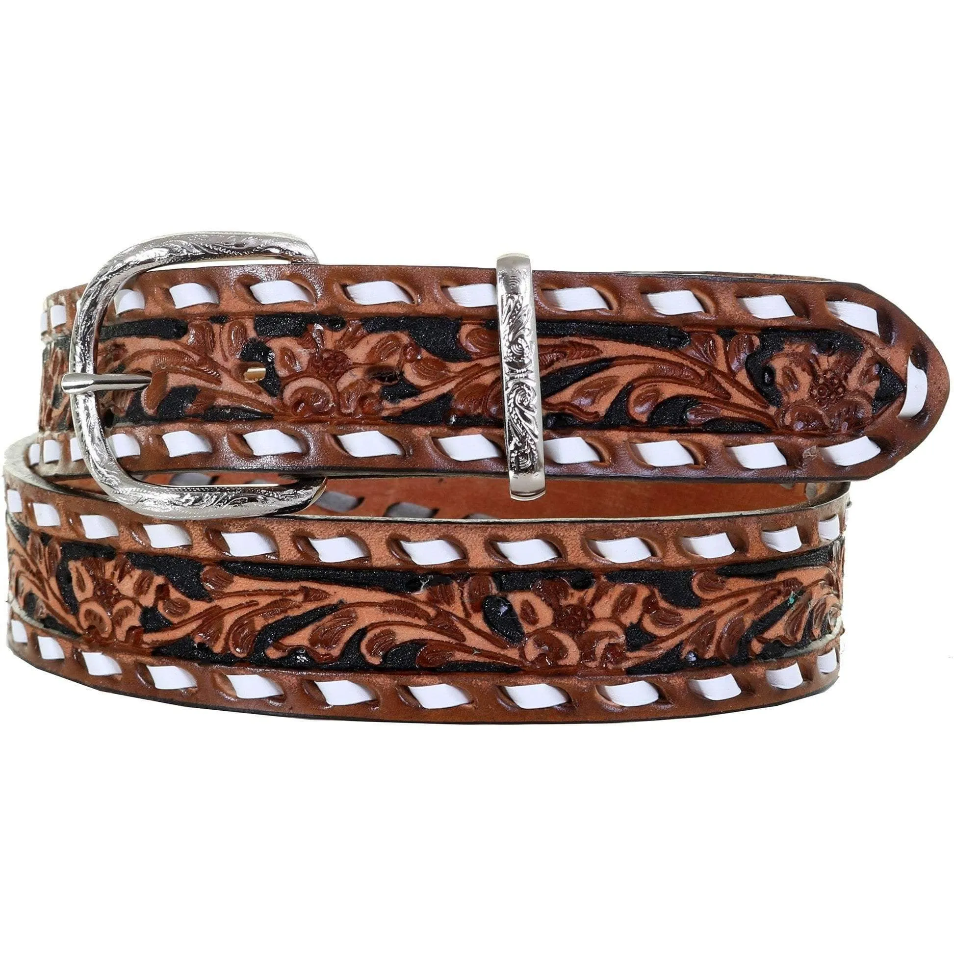 B1021A - Pecan Vintage Floral Tooled Belt