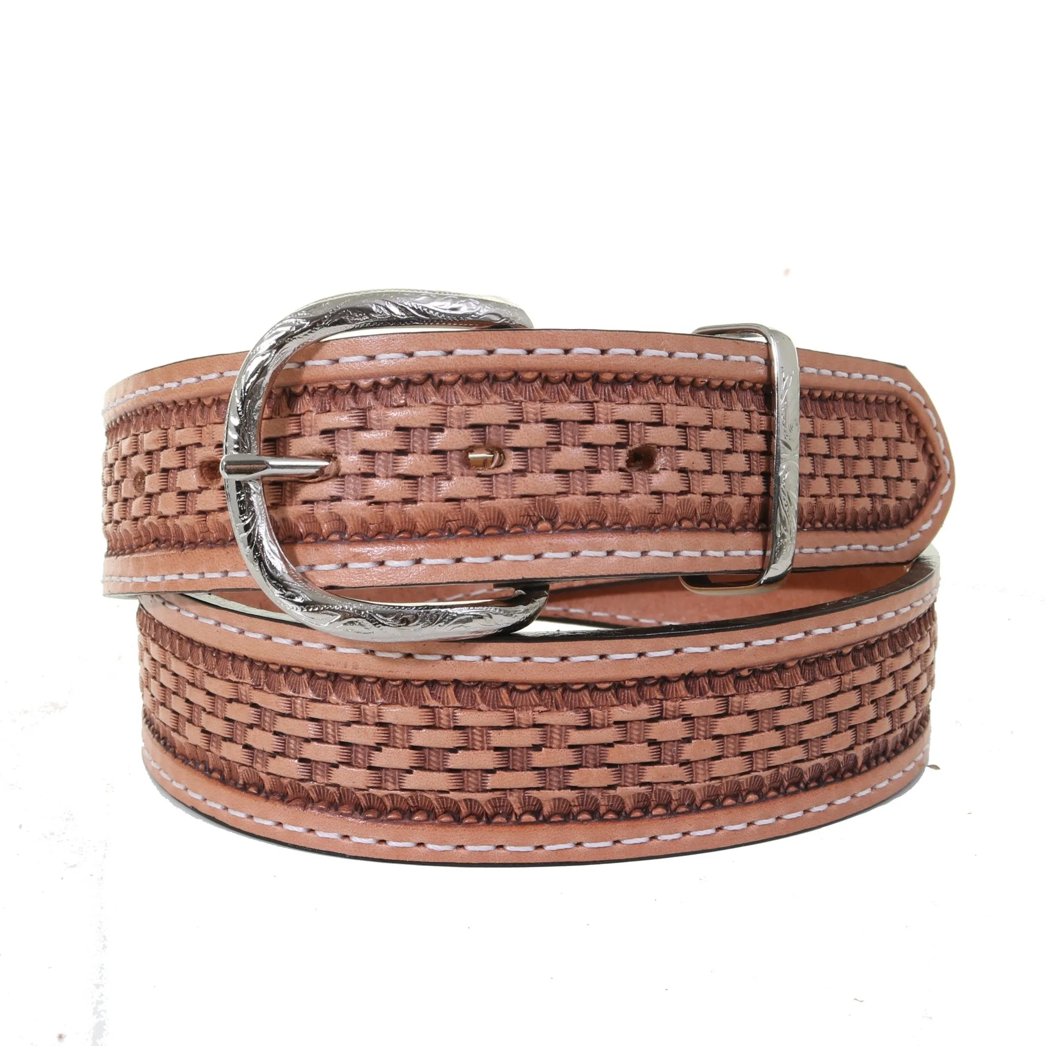 B619 - Natural Basket Weave Tooled Belt
