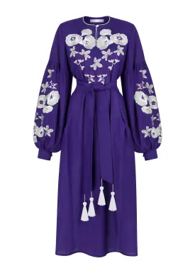 Belle Ikat Purple Olena Embroidered Linen Dress