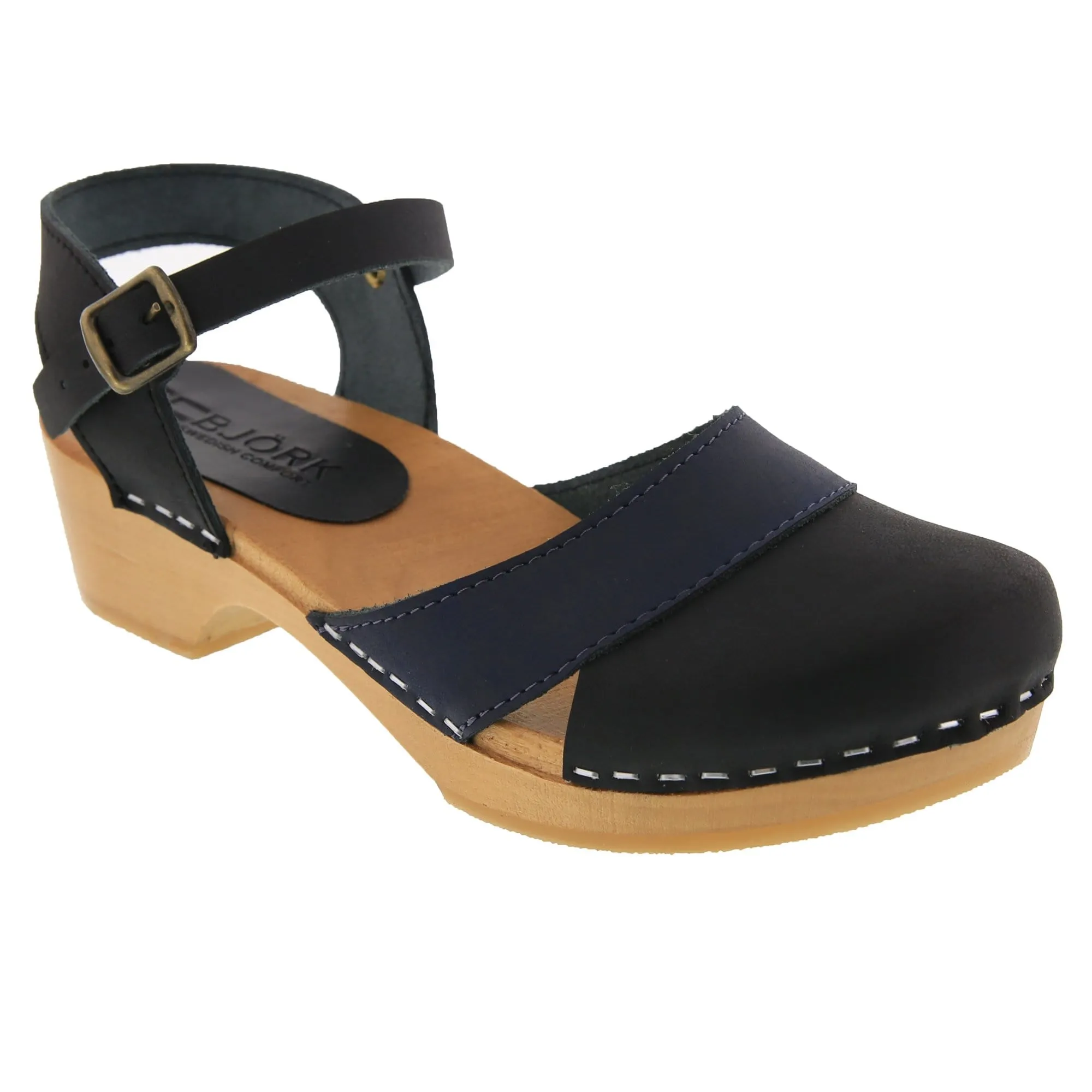 BJORK MILA Wooden Clog Sandals in Oiled Leather
