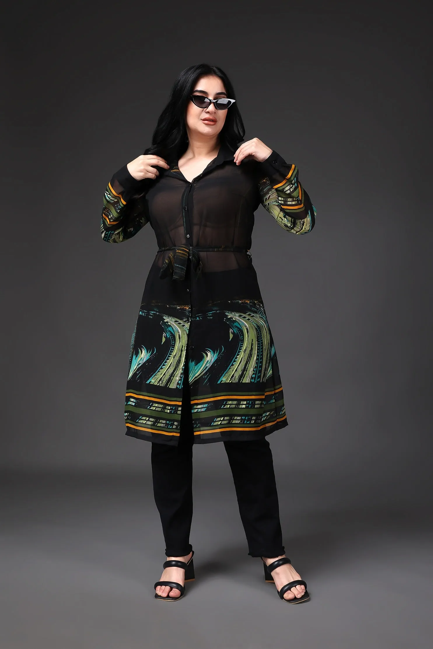 Black Border Printed Tunic with Belt