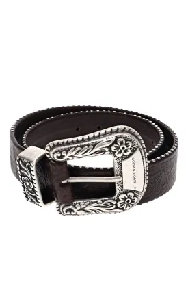 Black Flower Embossed Leather Belt