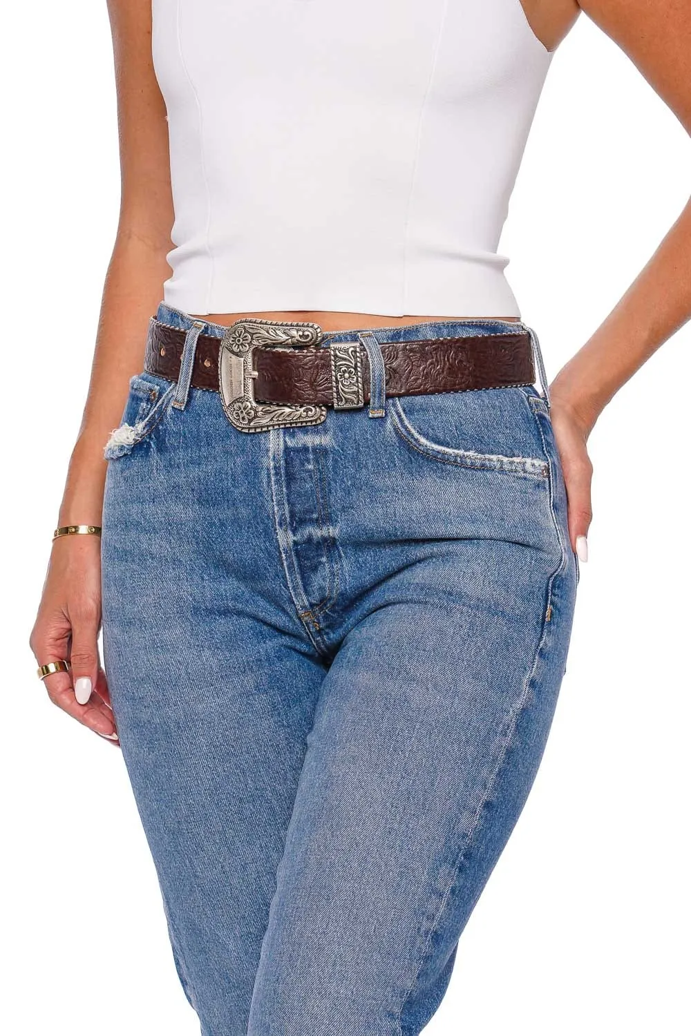 Black Flower Embossed Leather Belt