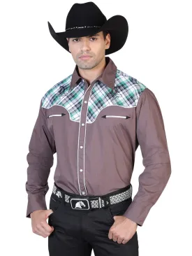 Camisa Vaquera Manga Larga con Adorno Cuadros Gris para Hombre 'El Señor de los Cielos' - ID: 42538