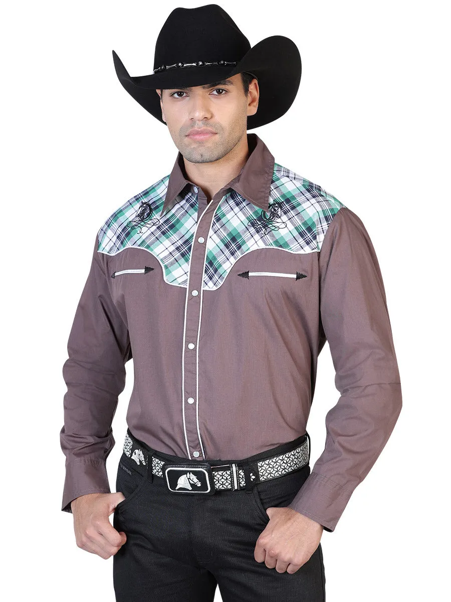 Camisa Vaquera Manga Larga con Adorno Cuadros Gris para Hombre 'El Señor de los Cielos' - ID: 42538