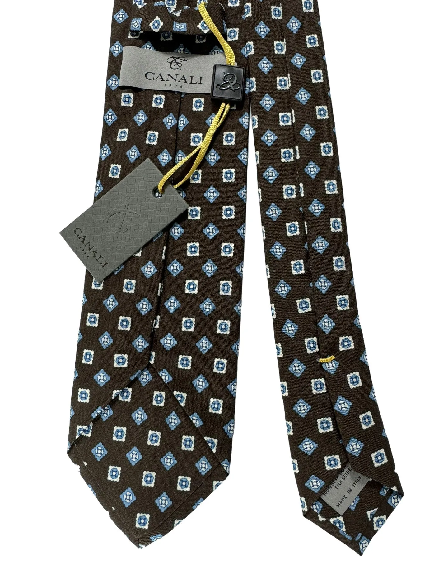 Canali Silk Tie Dark Brown Blue Geometric Pattern - New 2024 Collection