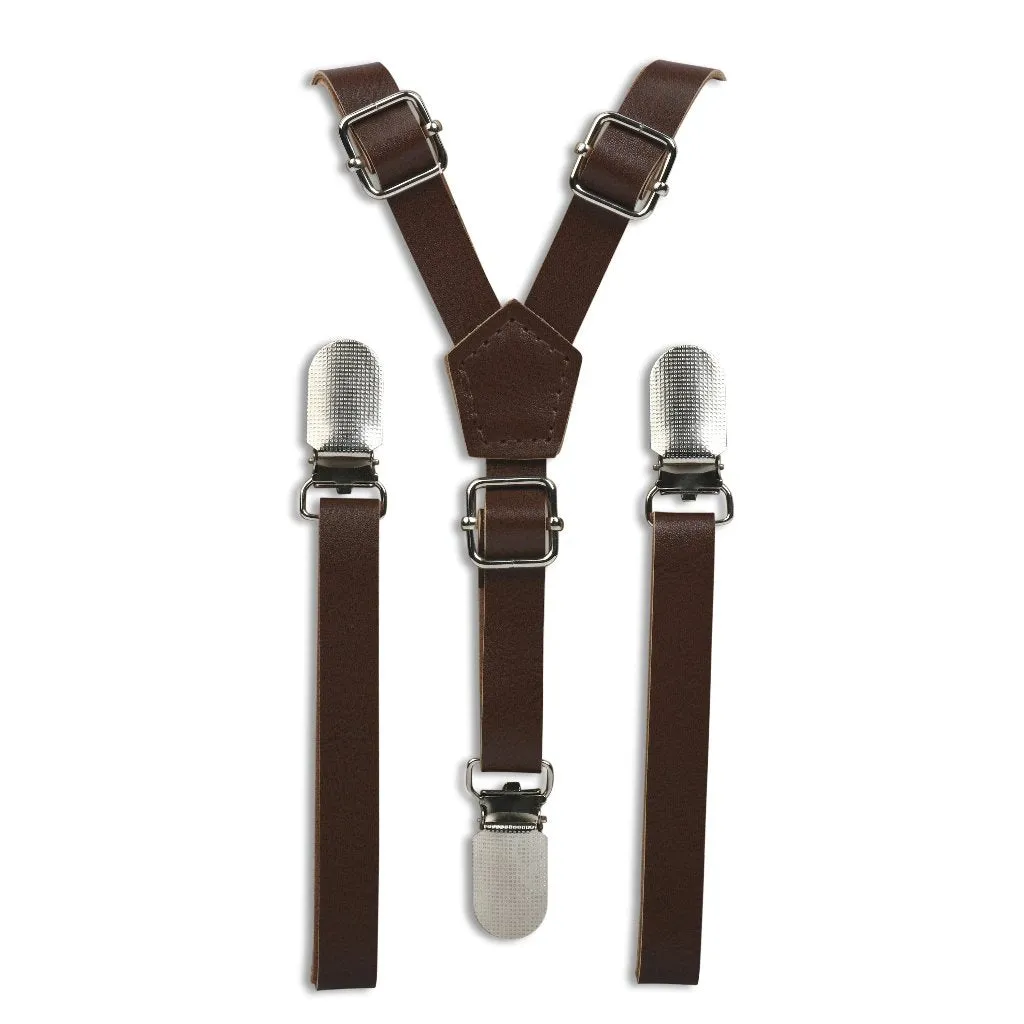 Coffee Brown Skinny Faux Leather Suspenders