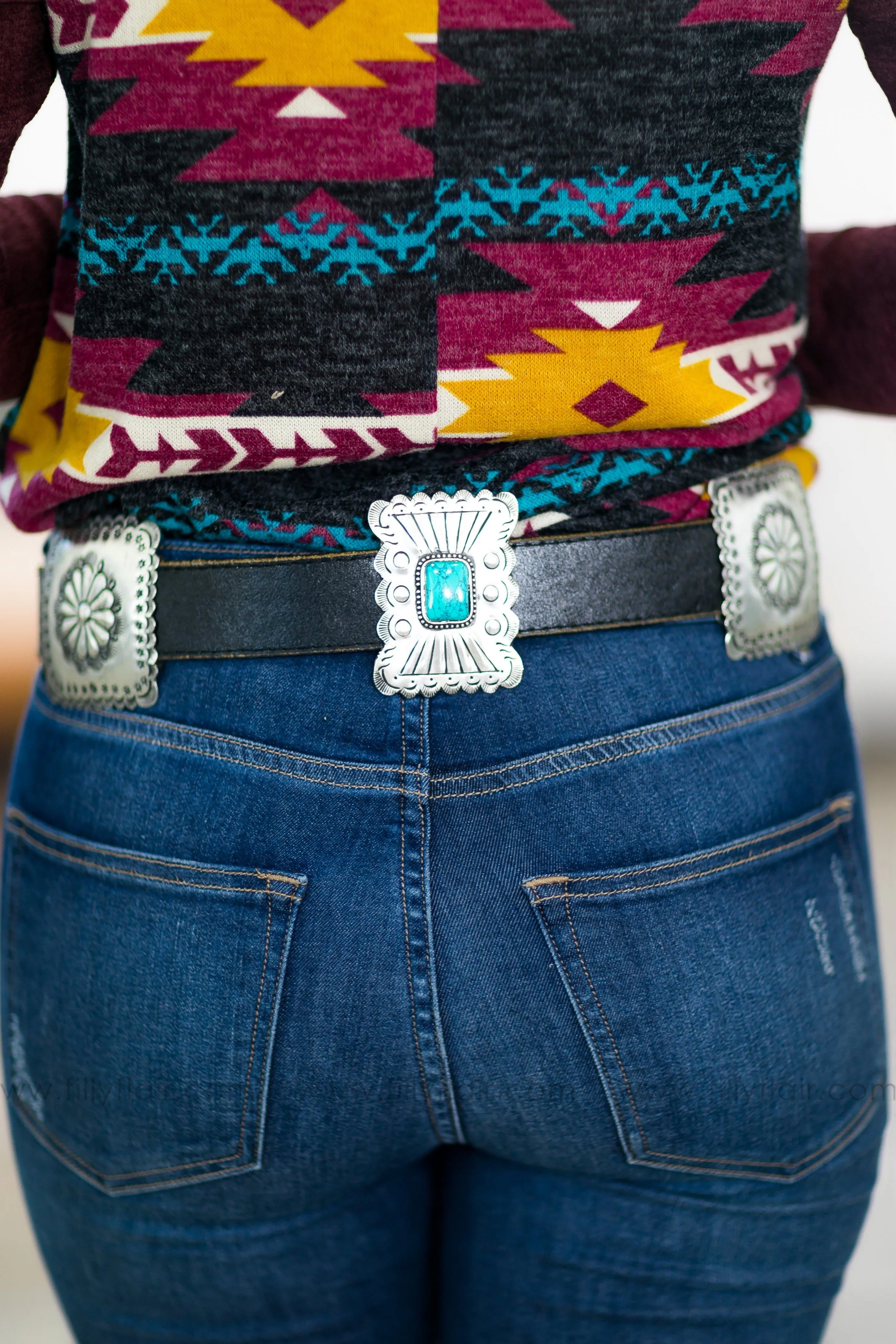 Country Crush Turquoise Stone Silver Concho Black Leather Belt