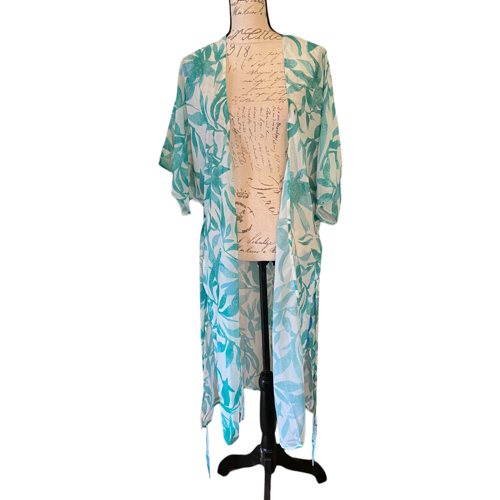 Cupshe Green & White Semi Sheer Beach Swimsuit Kimono Cover Up Size Small