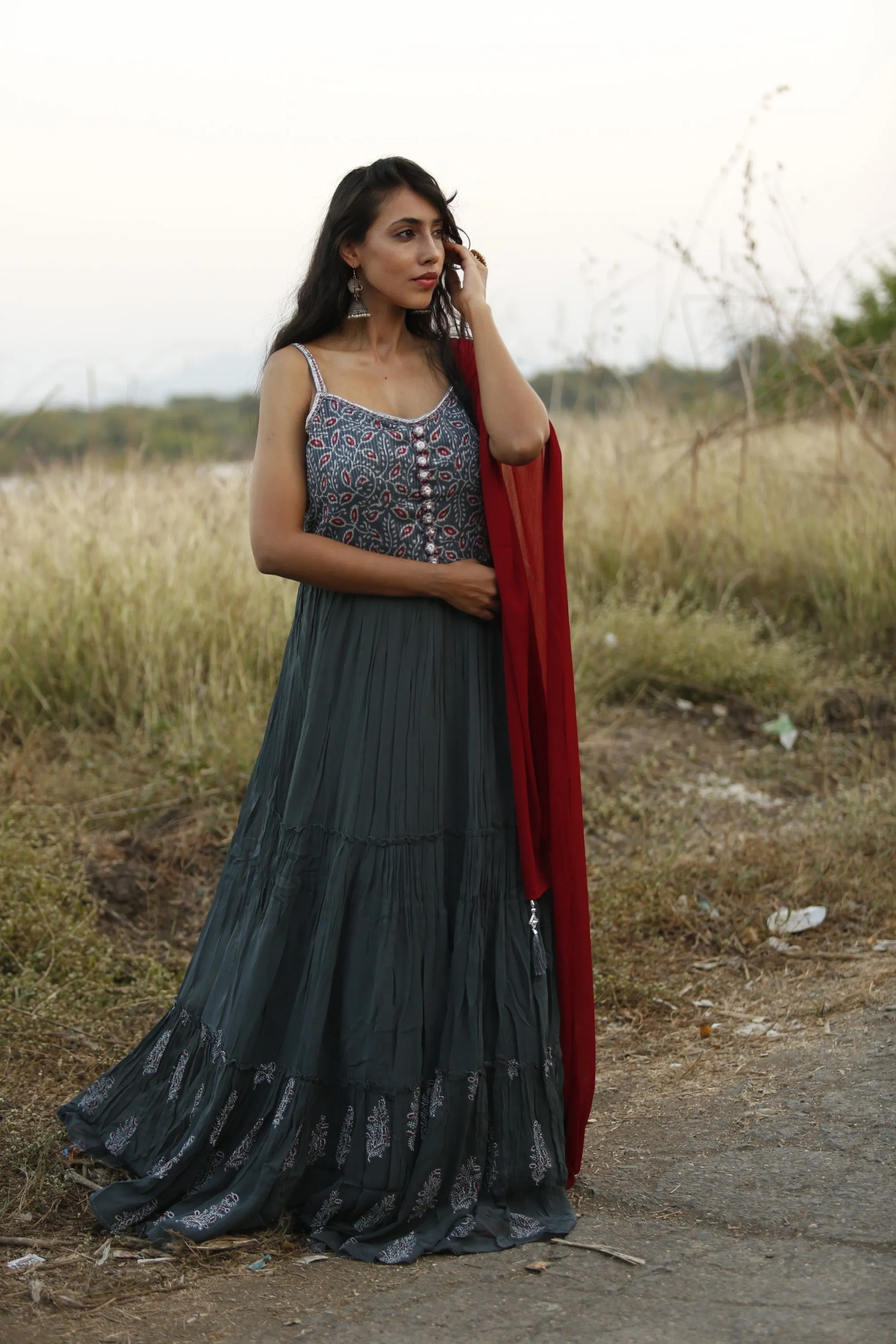 Gray Paisley Anarkali Gown