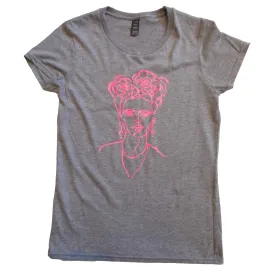 Grey Tee with Neon Pink Frida Kahlo Design