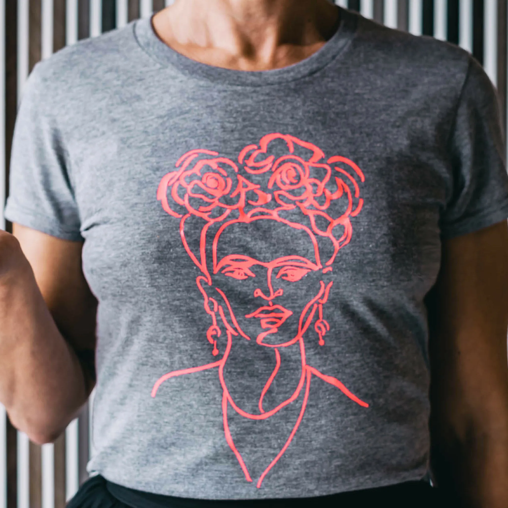 Grey Tee with Neon Pink Frida Kahlo Design