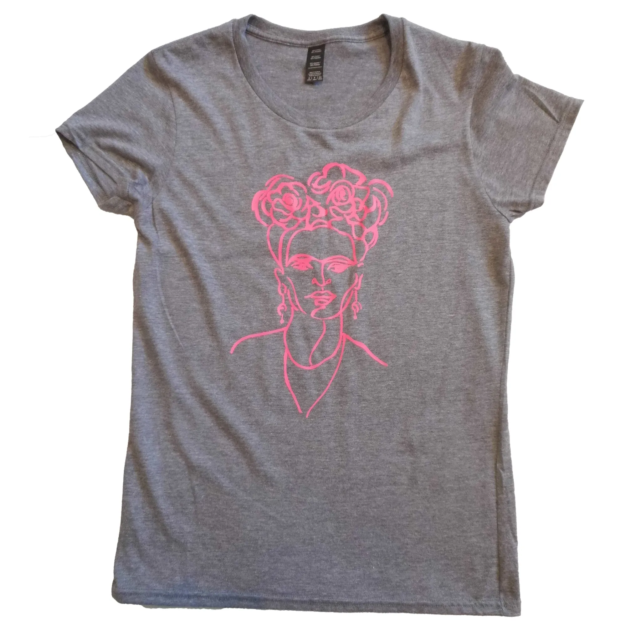 Grey Tee with Neon Pink Frida Kahlo Design