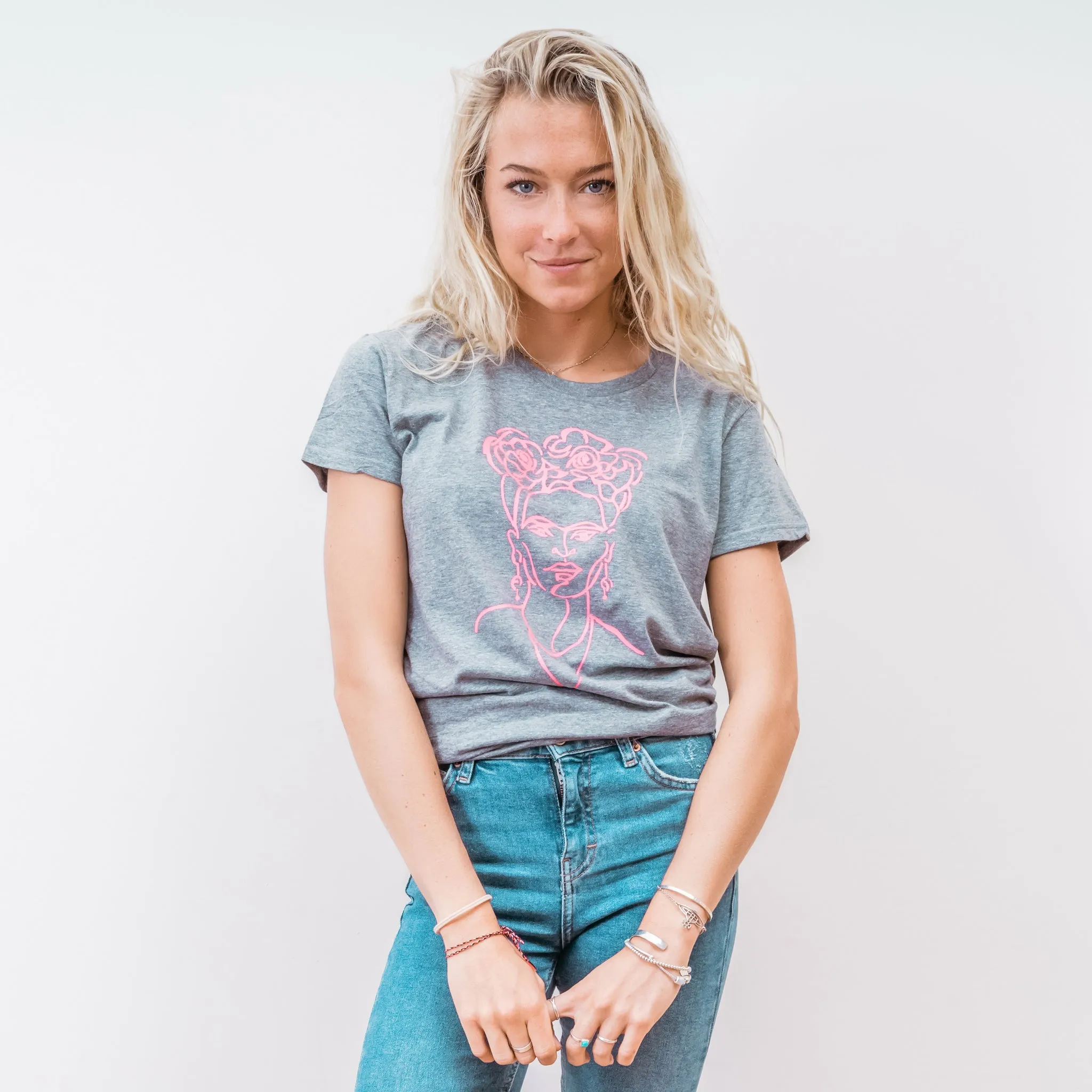 Grey Tee with Neon Pink Frida Kahlo Design