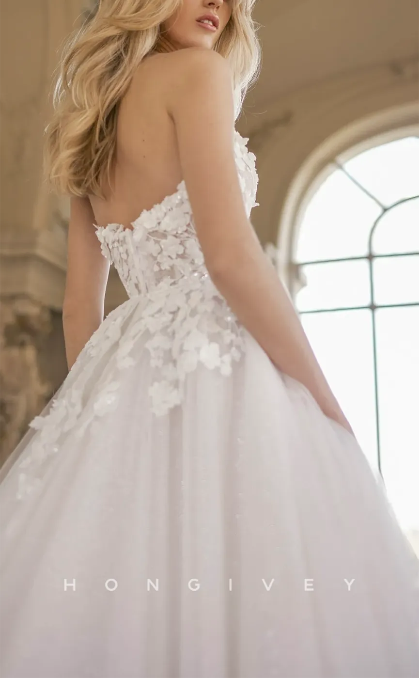 H0938 - Sparkly Floral Embossed Illusion Tiered Strapless Plunging Illusion With Train Long Wedding Dress