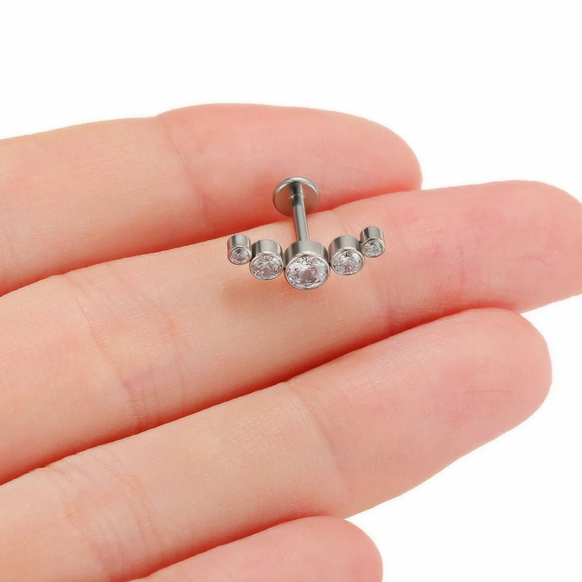 Internally Threaded Steel 5 CZ Cluster Tragus Labret