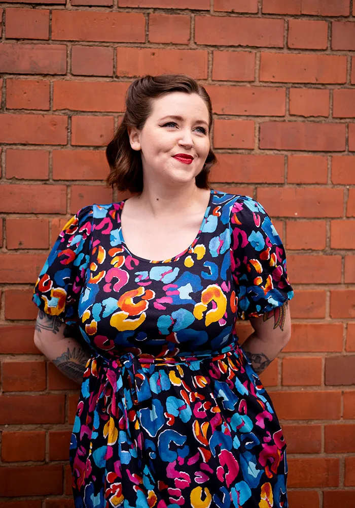 Kathleen Animal Print Tiered Hem Viscose Midi Dress