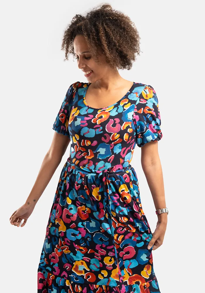 Kathleen Animal Print Tiered Hem Viscose Midi Dress