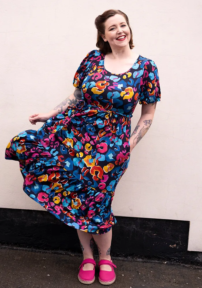 Kathleen Animal Print Tiered Hem Viscose Midi Dress