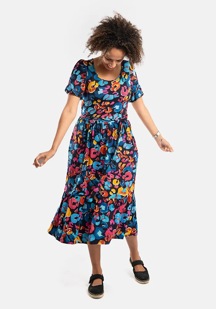 Kathleen Animal Print Tiered Hem Viscose Midi Dress