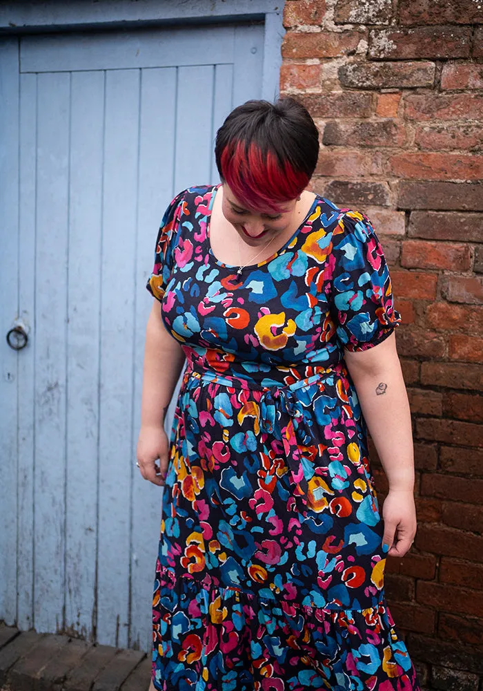 Kathleen Animal Print Tiered Hem Viscose Midi Dress