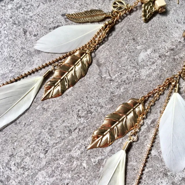 LONG BOHO INSPIRED LIGHTWEIGHT CREAM FEATHER BEADED EARRINGS