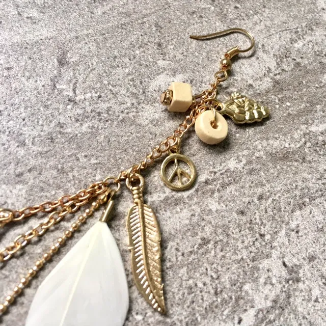 LONG BOHO INSPIRED LIGHTWEIGHT CREAM FEATHER BEADED EARRINGS