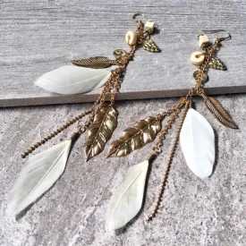 LONG BOHO INSPIRED LIGHTWEIGHT CREAM FEATHER BEADED EARRINGS