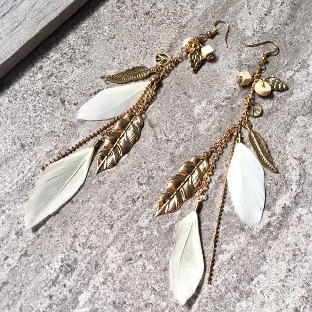 LONG BOHO INSPIRED LIGHTWEIGHT CREAM FEATHER BEADED EARRINGS