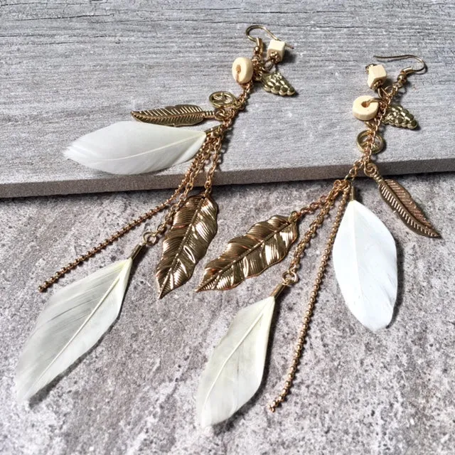 LONG BOHO INSPIRED LIGHTWEIGHT CREAM FEATHER BEADED EARRINGS