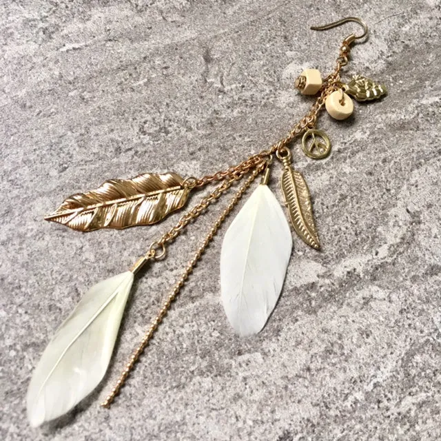 LONG BOHO INSPIRED LIGHTWEIGHT CREAM FEATHER BEADED EARRINGS