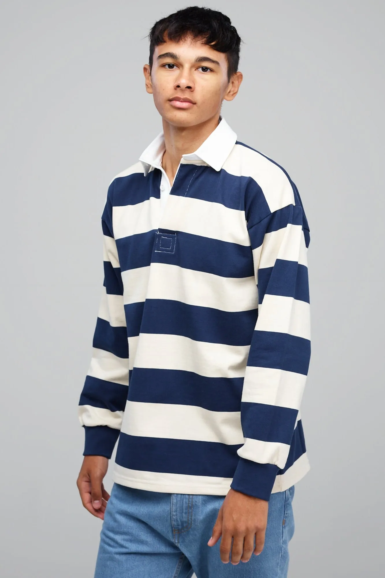 Narrow Stripe Rugby Shirt - Ecru/Navy