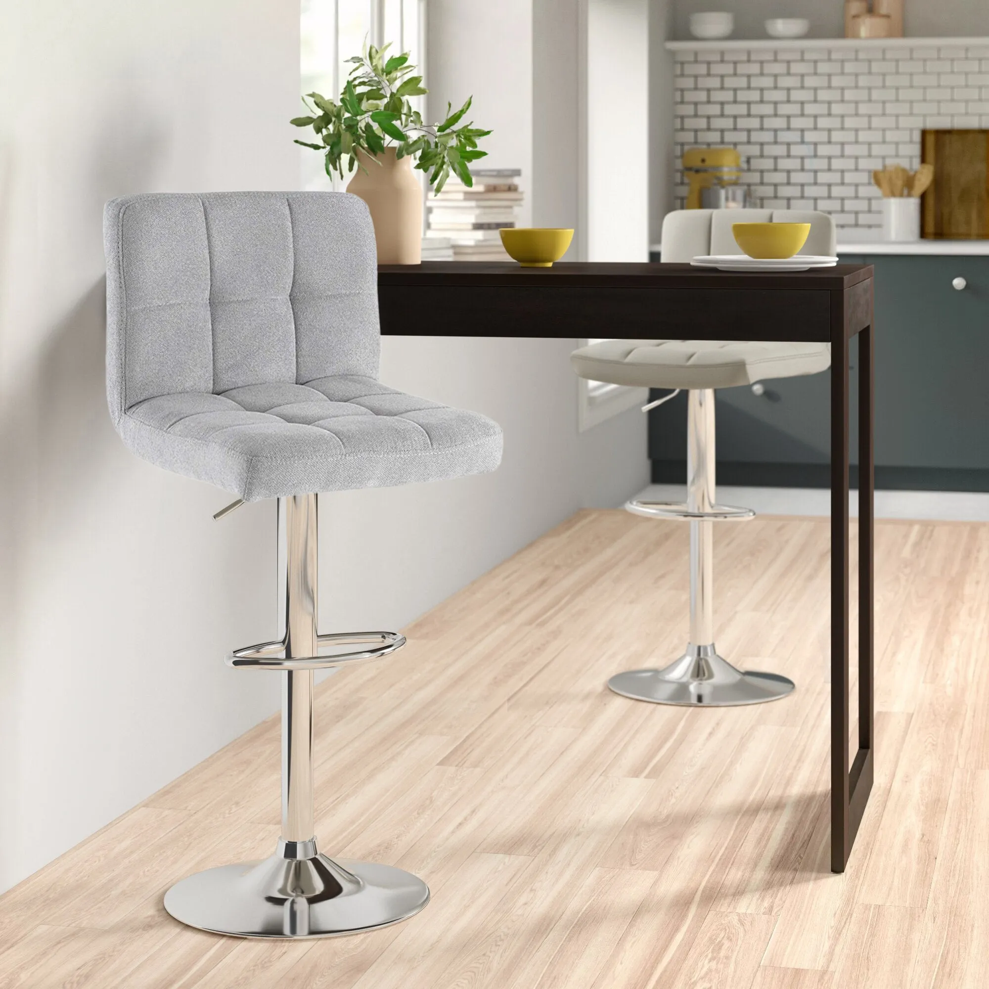 Neo Grey Fabric Cuban Swivel Bar Stool